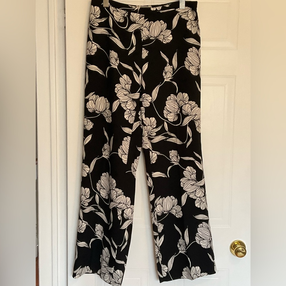 Floral Black and White Wide-Leg Pants